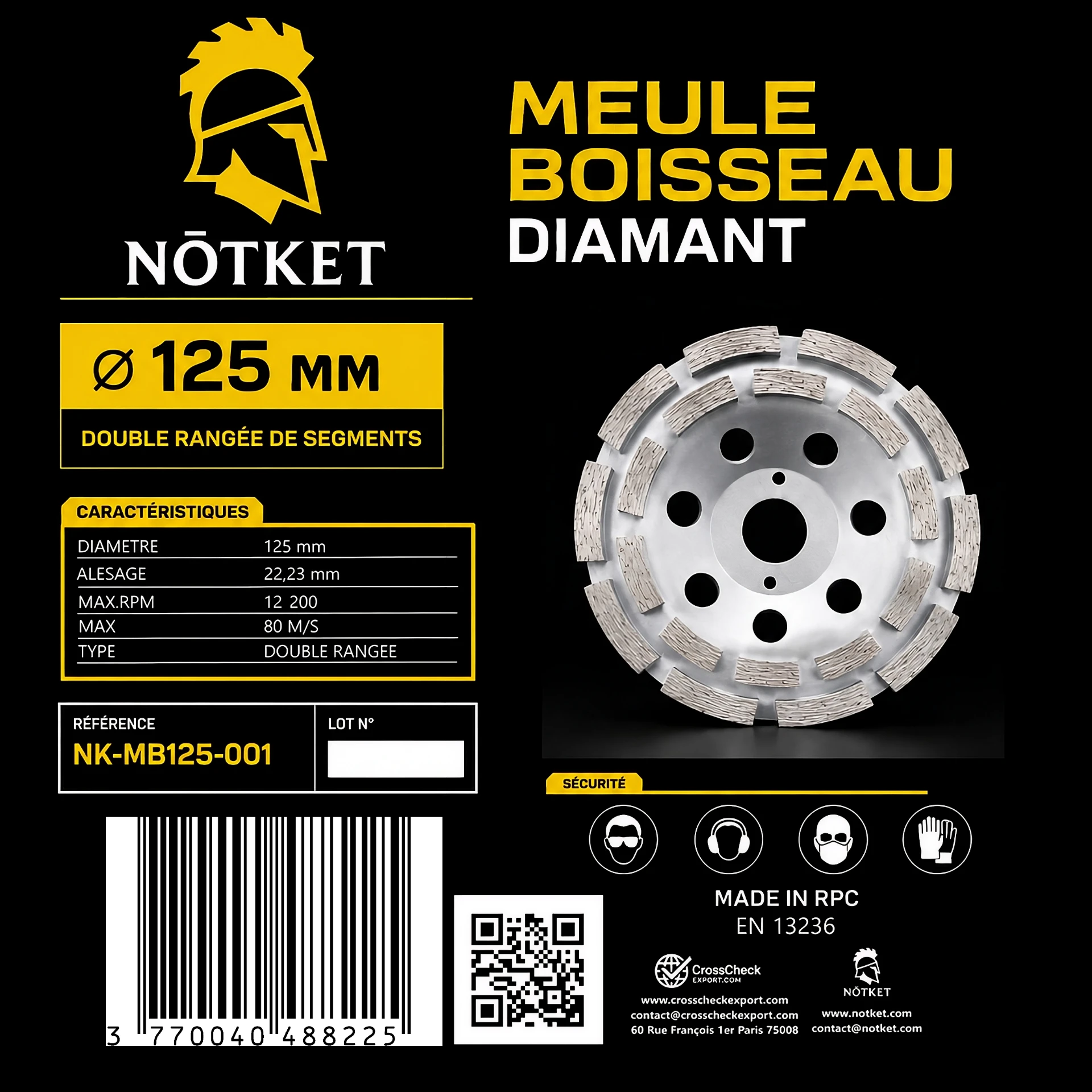 Étiquette technique Meule boisseau diamant NŌTKET® Ø125 mm